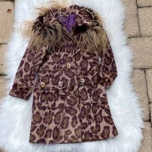 My Vintage Baby Leopard Daisy Brown Purple Fall Trench Coat Feather Collar 5